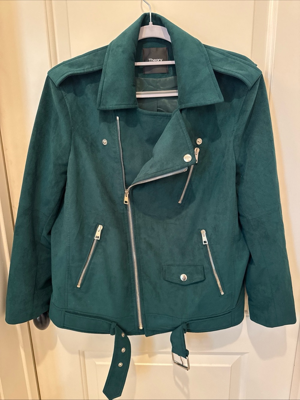 $995 Theory Modern Moto Fulton Faux Suede Jacket Women’s L Teal Green Biker